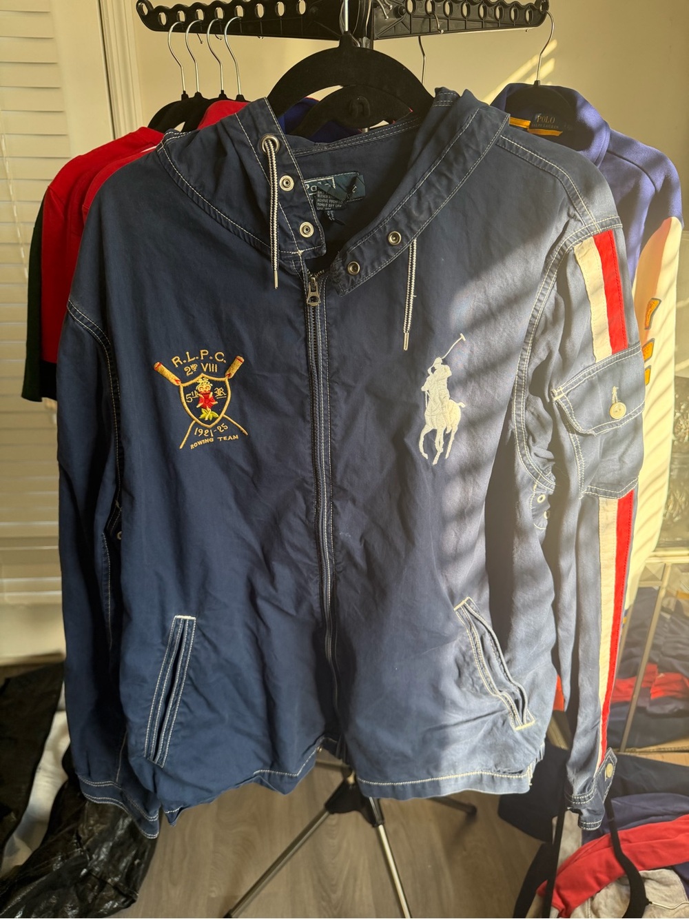 Polo by Ralph Lauren Navy Hooded Jacket with Red & White Sleeve Stripes